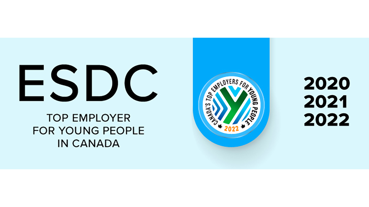 We’re honoured to be recognized as one of Canada’s #TopEmployers2022 for young people! Thank you to all staff for creating an engaging and inclusive workplace. #ESDC could not have achieved this without your hard work and dedication. #TopEmployersforYP