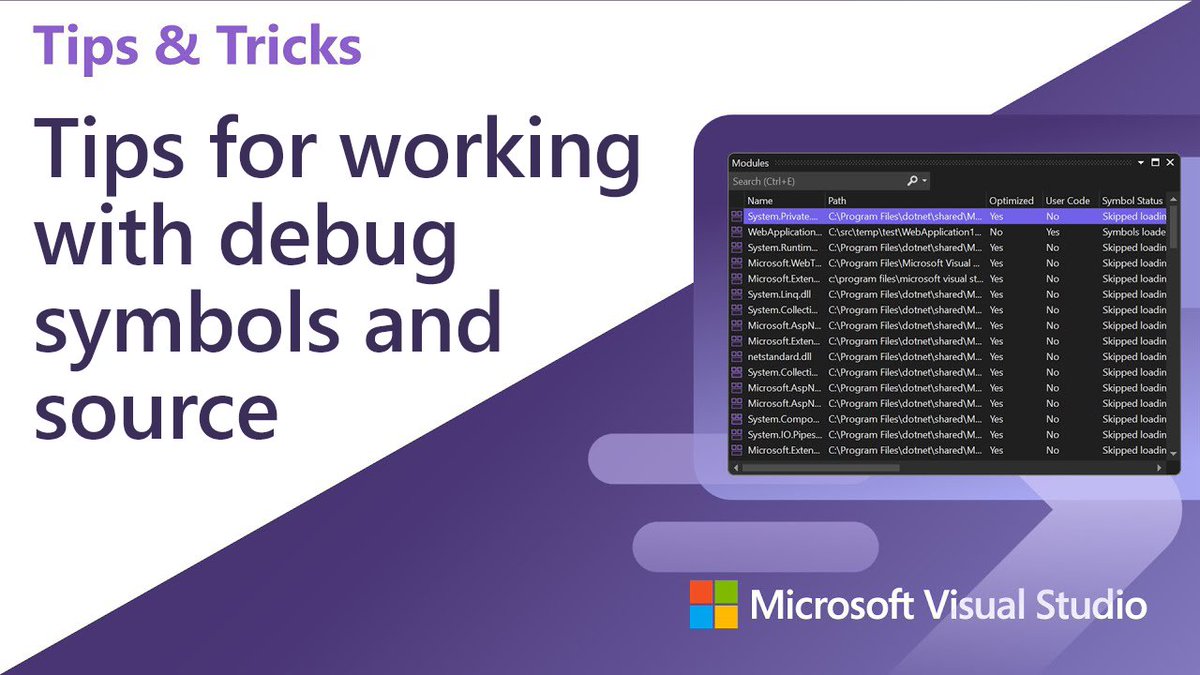 VisualStudio's tweet photo. Want to take full control over debug symbols in Visual Studio? Explore the finer points of Symbol Settings and learn how to speed up your debugging workflows: https://t.co/V0Q7RsSuoM #VisualStudio https://t.co/nJShSbDy1s