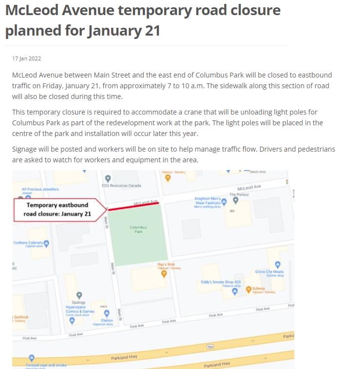 SpruceGroveCC's tweet photo. Temporary Road Closure Notice: McLeod Avenue

Please note that there is a scheduled road closure happening on McLeod Avenue this Friday (January 21, 2022) from approximately 7am-10am. Please see the graphic for all details or visit: 
https://t.co/0rL9sPbAr0

Thank you kindly. https://t.co/LnEXTWUfhW