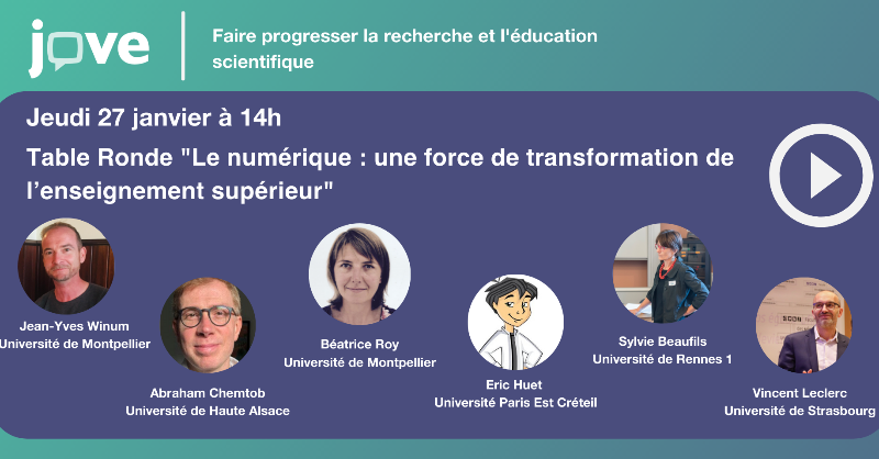 JoVEJournal's tweet photo. Le 27 janvier 2022 à 14h, rejoignez notre table ronde dédiée à l’utilisation du numérique dans l’enseignement supérieur et animée par 6 enseignants-chercheurs de plusieurs universités françaises.
