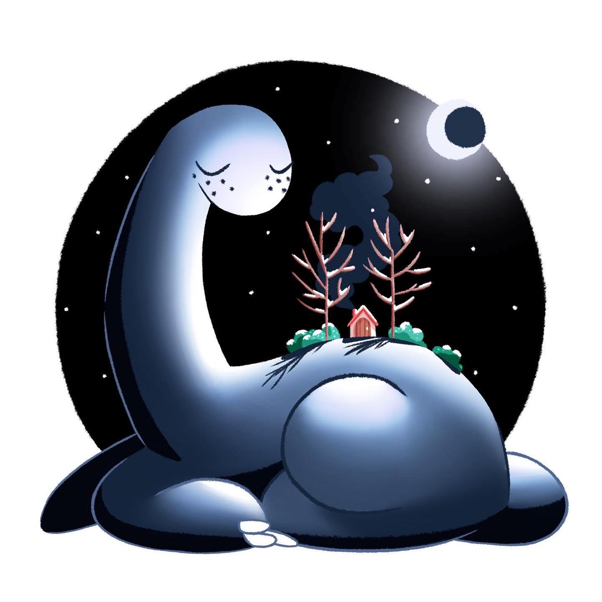 Good night Dino 🌙
Good night little house 🏡 
#arte #ArtistOnTwitter <a href="/Procreate/">Procreate</a> #kidlit #kidlitart