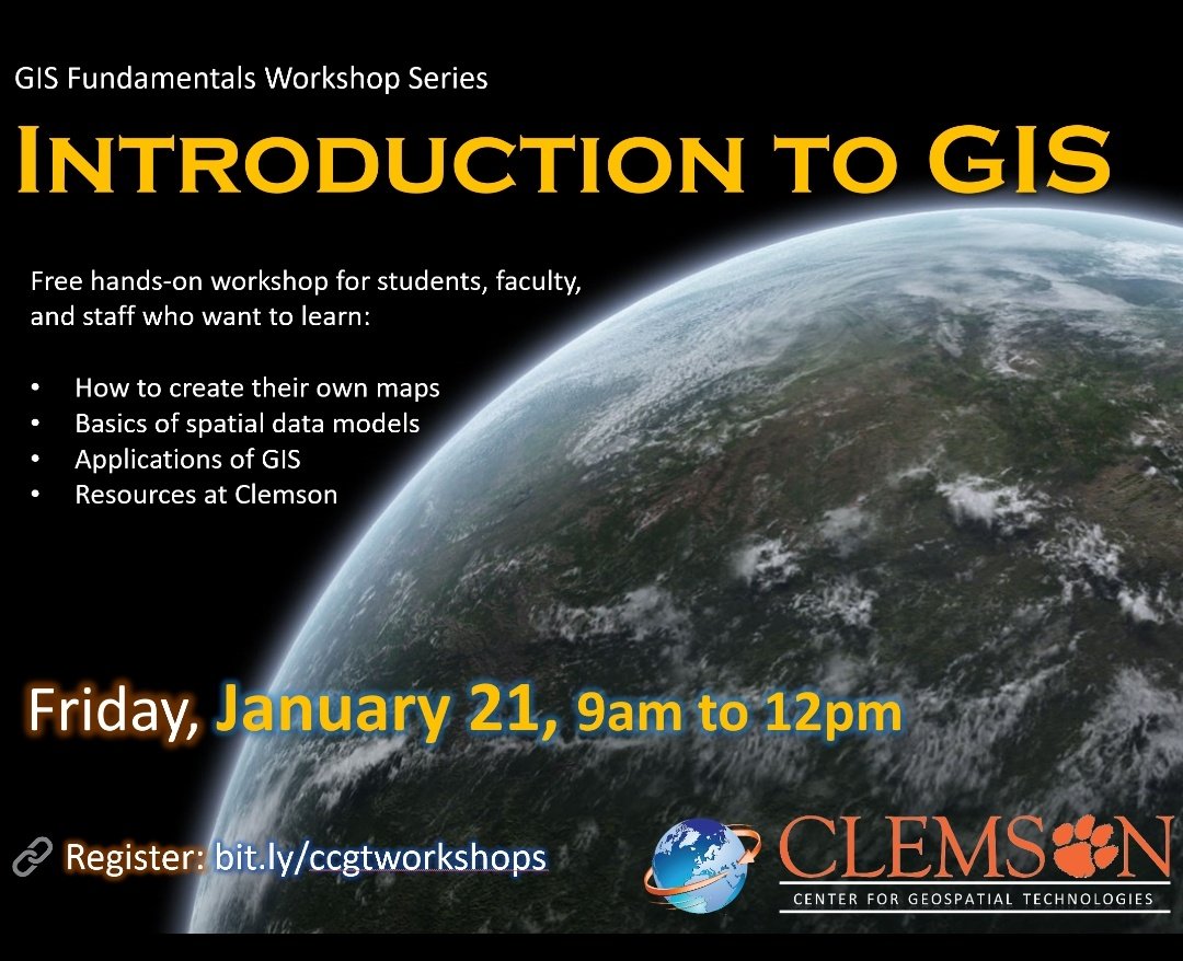 We still have a few spots left in our first workshop of the GIS Fundamentals Workshop series! Claim your seat today, Tigers 🐯🐯
<a href="/ClemsonGSG/">Clemson Graduate Student Government</a> <a href="/ClemsonUniv/">Clemson University</a> <a href="/clemsonlibrary/">Clemson Libraries</a> <a href="/ClemsonIT/">CCIT</a> <a href="/ClemsonSA/">Clemson Student Affairs</a> <a href="/ClemsonHonors/">Clemson Honors</a> <a href="/CecasGrads/">Clemson CECAS Grads</a> <a href="/Esri/">Esri</a> #gis #highereducation #clemsonuniversity #giseducation
