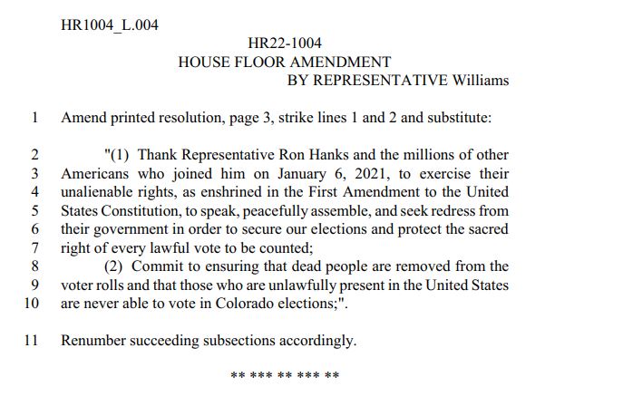 MarshallZNews's tweet photo. Here's the failed amendment from #coleg debate urging Congress to pass Voter Rights Legislation.

Amendment was to thank GOP State Rep. Ron Hanks (GOP U.S. Senate candidate) &amp; others for being in D.C. on Jan 6.

GOP Votes:
16 Yes
5 No
3 excused, including Hanks
#copolitics https://t.co/UOgXsFwlBM