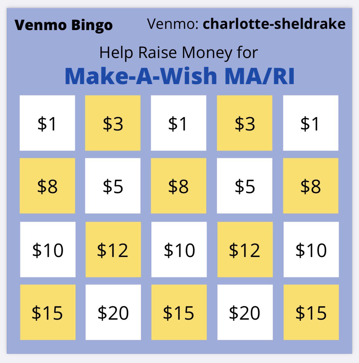 NEW VENMO BINGO FUNDRAISER! All proceeds go to the MA/RI Make-A-Wish Foundation! Venmo @ charlotte-sheldrake to donate!