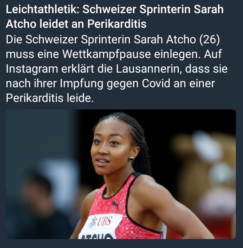 IgnazBearth's tweet photo. Nix hat mit nix zu tun! 🤫😷

Die Schweizer Sprinterin Sarah #Atcho (26) muss eine Wettkampfpause einlegen. Auf Instagram erklärt die Lausannerin, dass sie nach ihrer Impfung gegen Covid an einer Perikarditis leide.

https://t.co/rGjYpfn0lC

Folgt mir 🇨🇭 https://t.co/Tpv8ig5Qk3 https://t.co/HhvRD9uwcJ