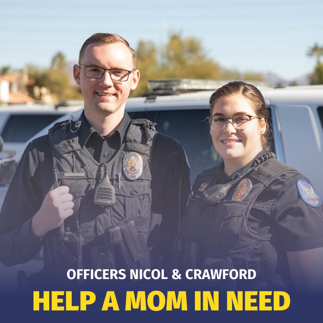 PhoenixPolice's tweet photo. Last month, Officers Nicol and Crawford helped a struggling mom and her two young children get the assistance they needed. The officers called @PhoenixAoP, and the family was given a ride to a hotel where they stayed for a few nights. https://t.co/R6zNi3cmKH