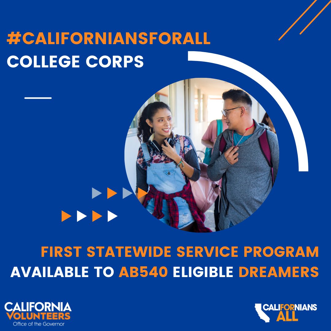 XSectorLabs's tweet photo. The #CaliforniansForAll College Corps is the first state-funded service opportunity for AB540 eligible Dreamers, helping to make college more affordable for California’s students. 

Visit: https://t.co/AyOsjqgIel 
@CalVolunteers https://t.co/5XL6Xu40P0
