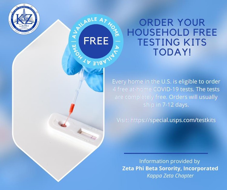 The federal government has quietly launched their website to allow US households up to (4) four free at-home COVID-19 tests.  To order your households kits, please visit: special.usps.com/testkits
#ZphiB #CommunityConsciousActionOriented #weareallinthistogether #GreaterDallasZetas