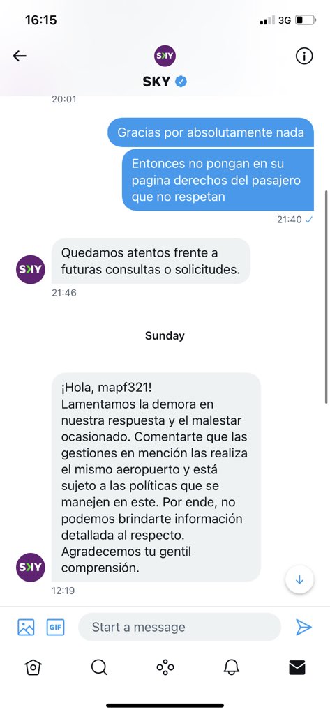 mapf321's tweet photo. No se para que ponen un twitter de servicio al cliente en @SKYAirline_CL si mandan respuestas tipo y las repiten todo el rato independiente de lo que se les escriba 🙄😂 servicio de mierda que tienen https://t.co/6jkAFuDYkb