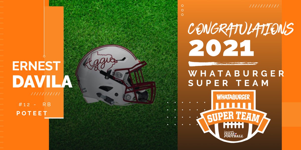 Whataburger Super Team (@whatasuperteam) on Twitter photo Congrats to Poteet RB Ernest Davila for being named to the 2021 Whataburger Super Team!
🍔 texasfootball.com/whatasuperteam 🍔
<a href="/3rnestD_12/">Ernest Davila ⚡️</a> <a href="/PoteetAggies/">Poteet Aggies Athletics</a>
<a href="/PoteetAggiesFB/">PAFootball</a> <a href="/WhataSuperTeam/">Whataburger Super Team</a> <a href="/dctf/">Dave Campbell's — TexasFootball.com</a> #TXHSFB #WhataburgerSuperTeam Congrats to Poteet RB Ernest Davila for being named to the 2021 Whataburger Super Team!
🍔 texasfootball.com/whatasuperteam 🍔
<a href="/3rnestD_12/">Ernest Davila ⚡️</a> <a href="/PoteetAggies/">Poteet Aggies Athletics</a>
<a href="/PoteetAggiesFB/">PAFootball</a> <a href="/WhataSuperTeam/">Whataburger Super Team</a> <a href="/dctf/">Dave Campbell's — TexasFootball.com</a> #TXHSFB #WhataburgerSuperTeam