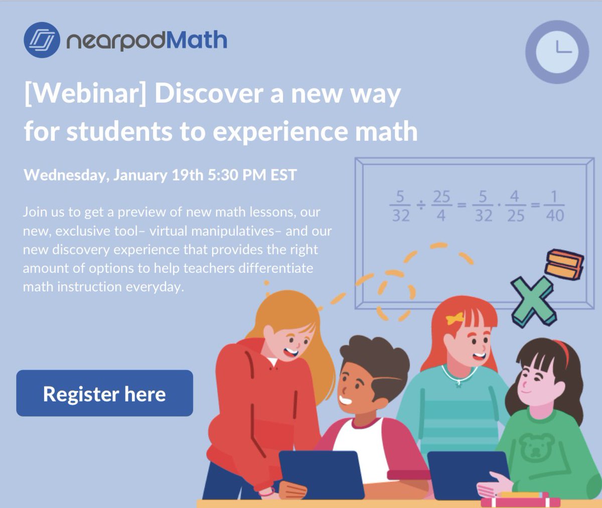 Are you ready to get a sneak peak at <a href="/nearpod/">Nearpod</a> Math? If you are a district math coordinator or admin join us to learn more by registering here: register.gotowebinar.com/register/62677…