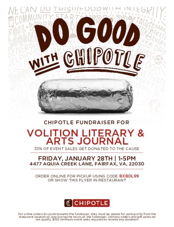 Feeling some Chipotle next Friday? Show this flyer at checkout so some of the proceeds go to your local literary magazine! #gmu #georgemason #gmupatriots #georgemasonuniversity