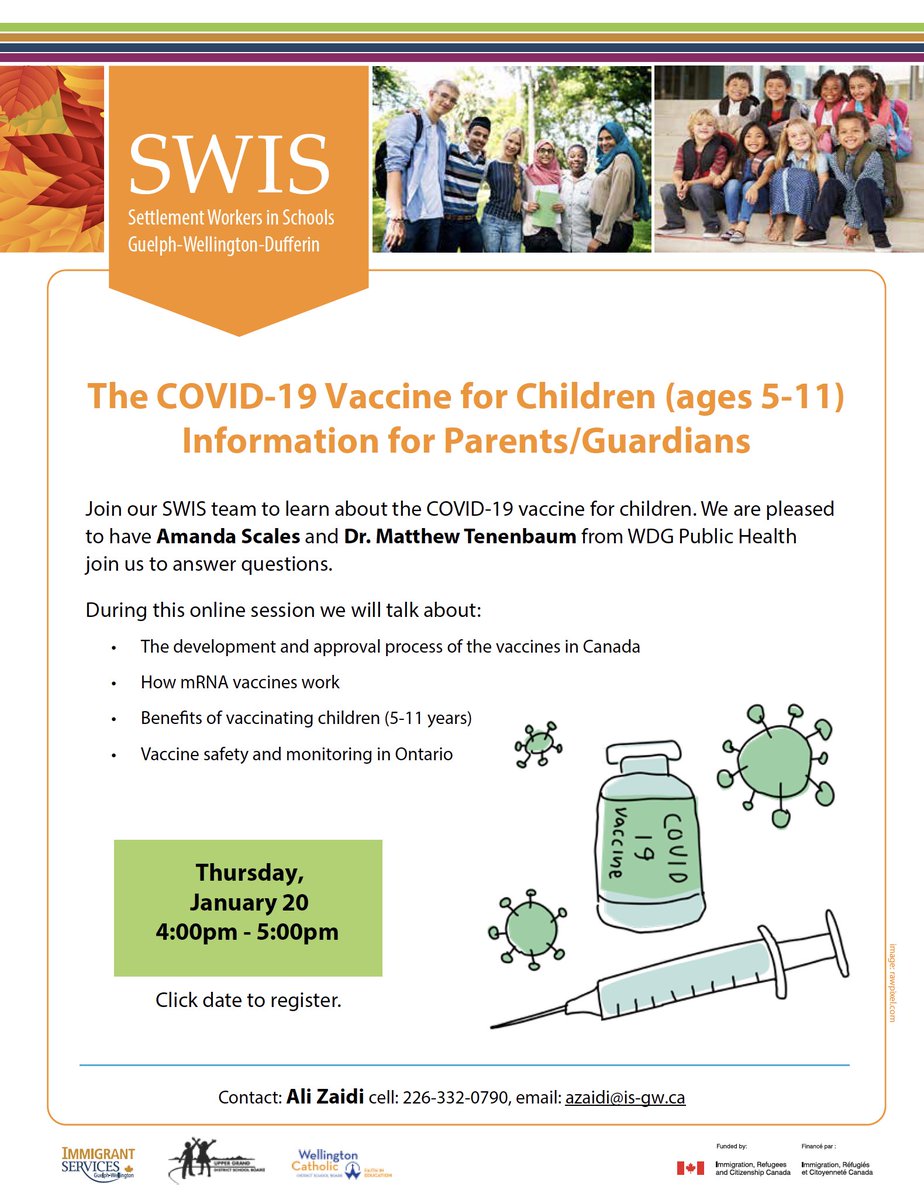ugdsb's tweet photo. Immigrant Services Guelph-Wellington is hosting an information presentation session on the COVID-19 Vaccine for Ages 5-11 this Thursday January 20 from 4-5pm. Interpretation will be available for the presentation. https://t.co/3JVffzvRkm