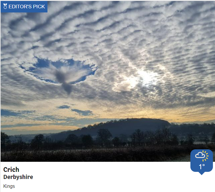bbcweather's tweet photo. These intriguing fallstreak holes were seen in Derbyshire this morning. They happen when part of the cloud layer forms ice crystals which are large enough to fall, revealing a hole in the cloud. https://t.co/Q5cfOqnqlp