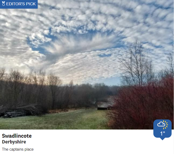 bbcweather's tweet photo. These intriguing fallstreak holes were seen in Derbyshire this morning. They happen when part of the cloud layer forms ice crystals which are large enough to fall, revealing a hole in the cloud. https://t.co/Q5cfOqnqlp