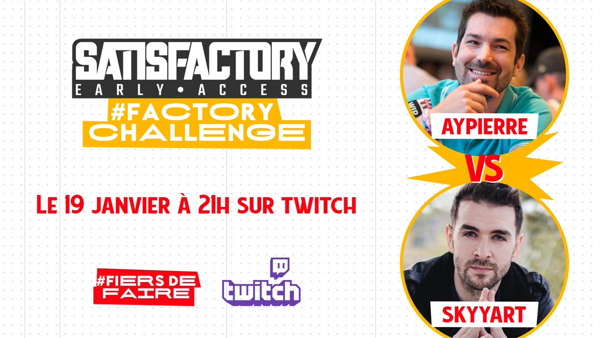 AfpiFormation's tweet photo. Le #FactoryChallenge c'est un défi en live sur #Twitch pour sensibiliser les jeunes aux métiers de l’industrie. Les équipes drivés par @aypierre et @skyyart, devront s’affronter sur Satisfactory ! RDV le 19/01 à 21h sur Twitch. #FiersDeFaire https://t.co/25EQf12zqN