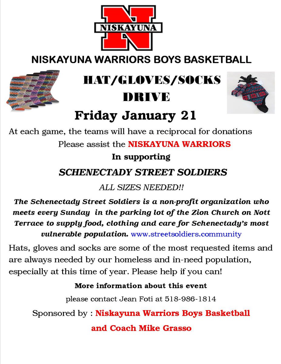 Let’s help those in need!!! Please bring  winter Hats/Gloves/Socks to our home game this Friday 1/21. <a href="/NiskyAthletics/">NiskyAthletics</a> <a href="/NiskayunaCSD/">NiskayunaCSD</a> <a href="/ESPNiskayuna/">Niskayuna Red Zone</a> #NiskyFamily