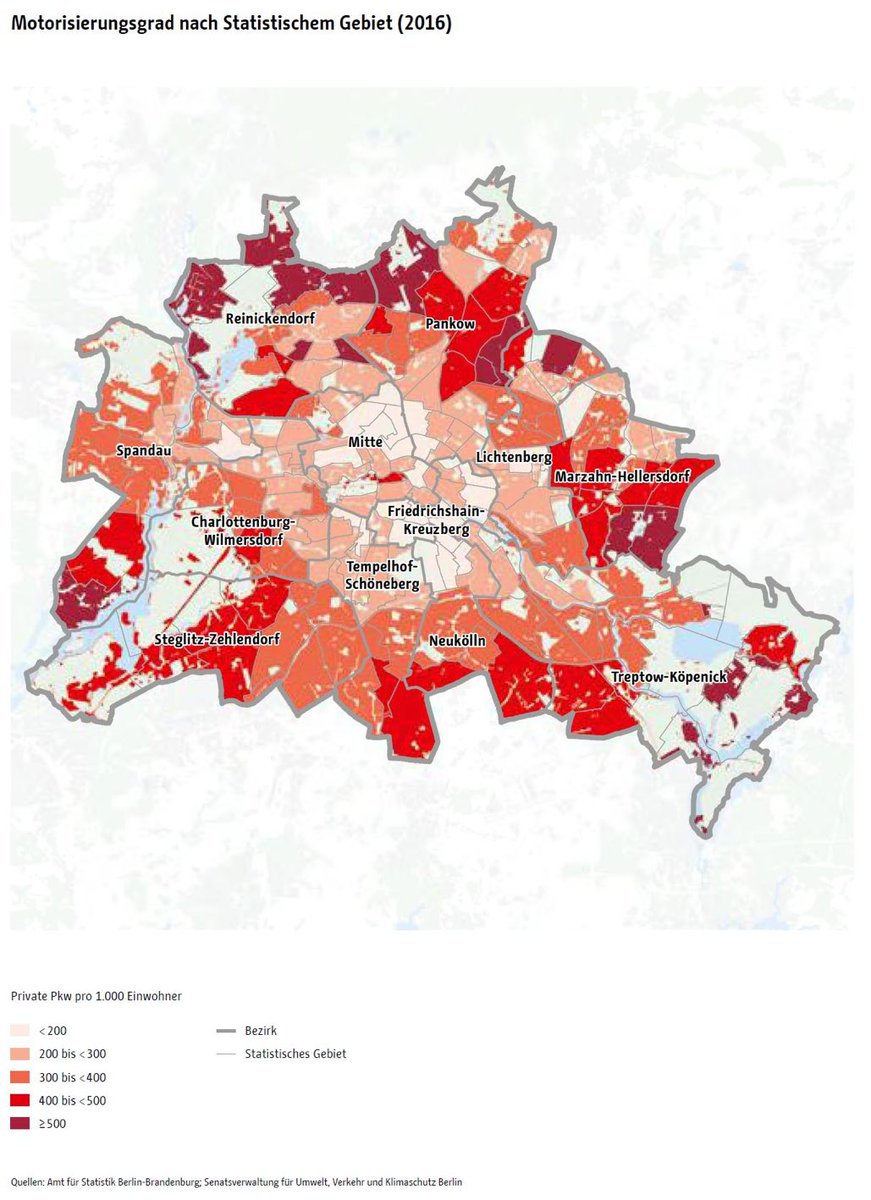Hier eine schöne Karte, die Auskunft über den #Motorisierungsgrad in den #Berlin|er Bezirken gibt. Die Anzahl der PKW pro 1000 Einwohner ist in der Umweltzone wie erwartet sehr gering. Gute Voraussetzungen für <a href="/VBerlinautofrei/">Volksentscheid Berlin autofrei</a> #autofrei