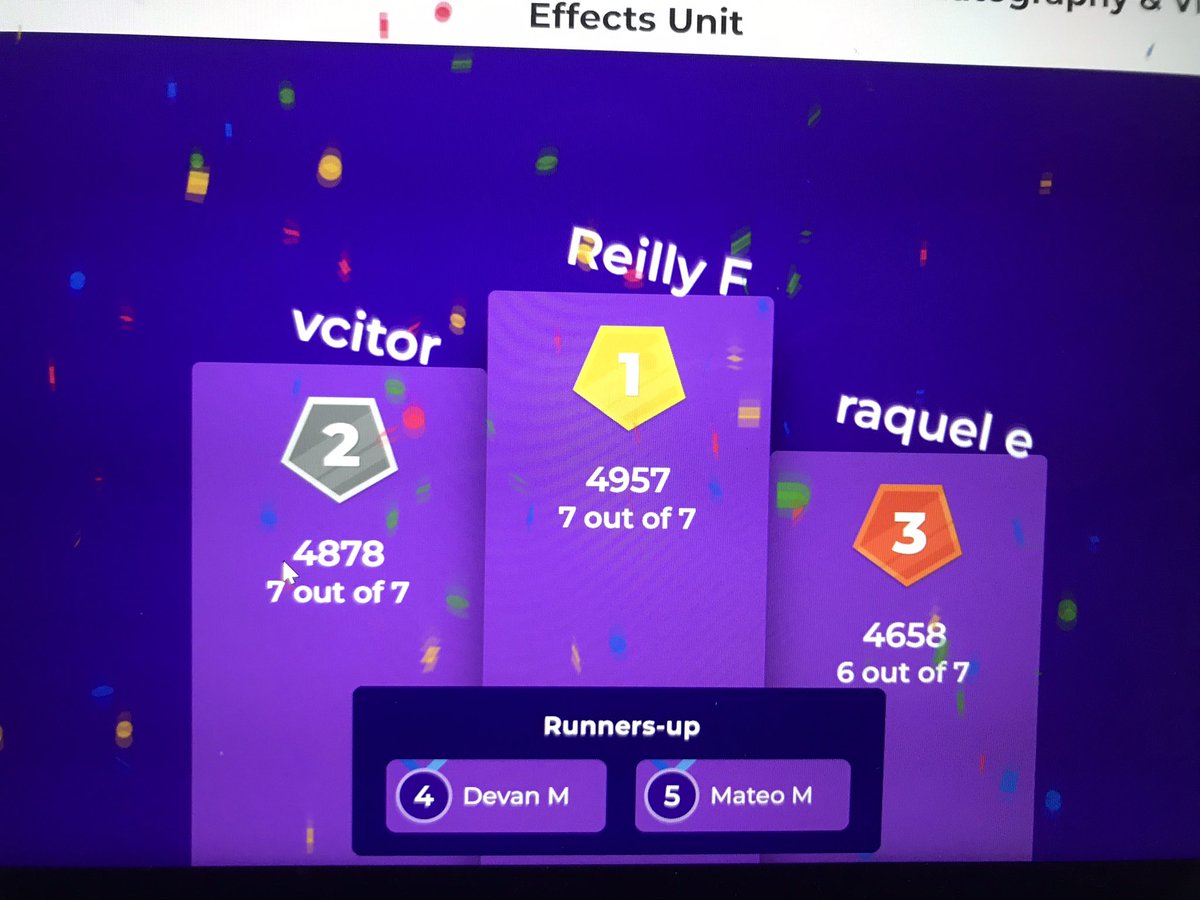 imcavoyCent's tweet photo. Congrats to these ⭐️ students for their @Kahoot prowess!  They are ready for the 2.0 material (terminology &amp; basic processes) of the final. #deepfocus #CitizenKane #closeup https://t.co/kirDsU3NLn