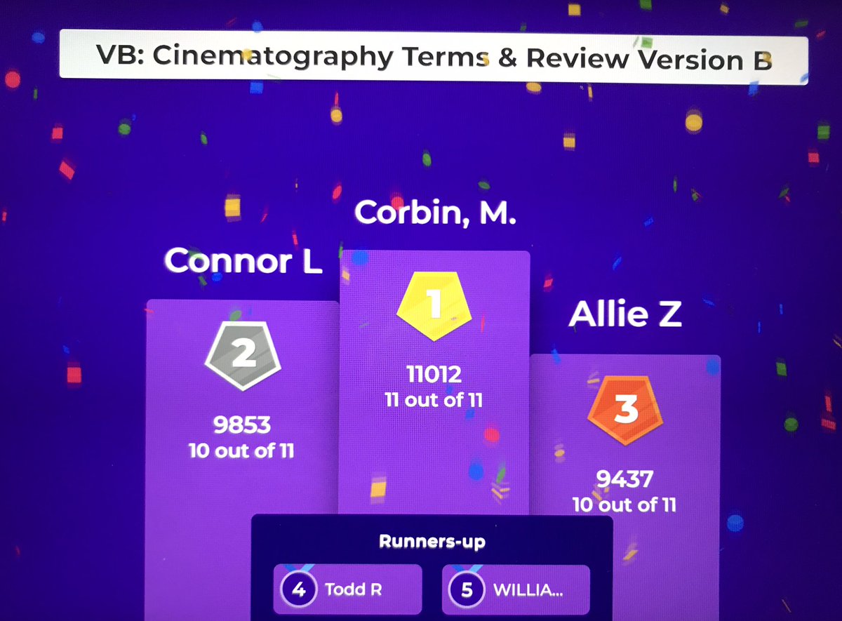imcavoyCent's tweet photo. Congrats to these ⭐️ students for their @Kahoot prowess!  They are ready for the 2.0 material (terminology &amp; basic processes) of the final. #deepfocus #CitizenKane #closeup https://t.co/kirDsU3NLn
