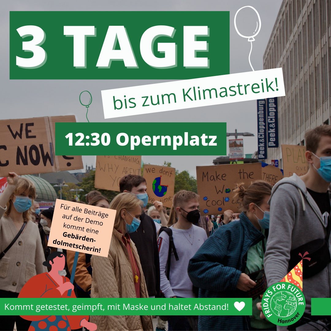 ❗️Noch 3 Tage bis zur Demo❗️

Wir freuen uns endlich wieder mit euch auf die Straße zu gehen und zu Zeigen das wir nicht leider werden! 💚😊

#ClimateStrike #fridaysforfuture