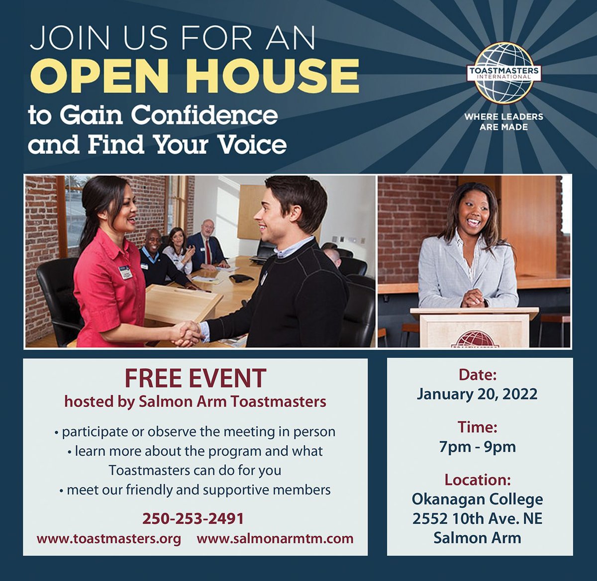 ToastmastersSA's tweet photo. Our Open House this week, please RSVP us to guarantee your spot as there is limited availability. 
#salmonarmtoastmasters #toastmasters #salmonarm #salmonarmevents https://t.co/Kf3anuoCaI
