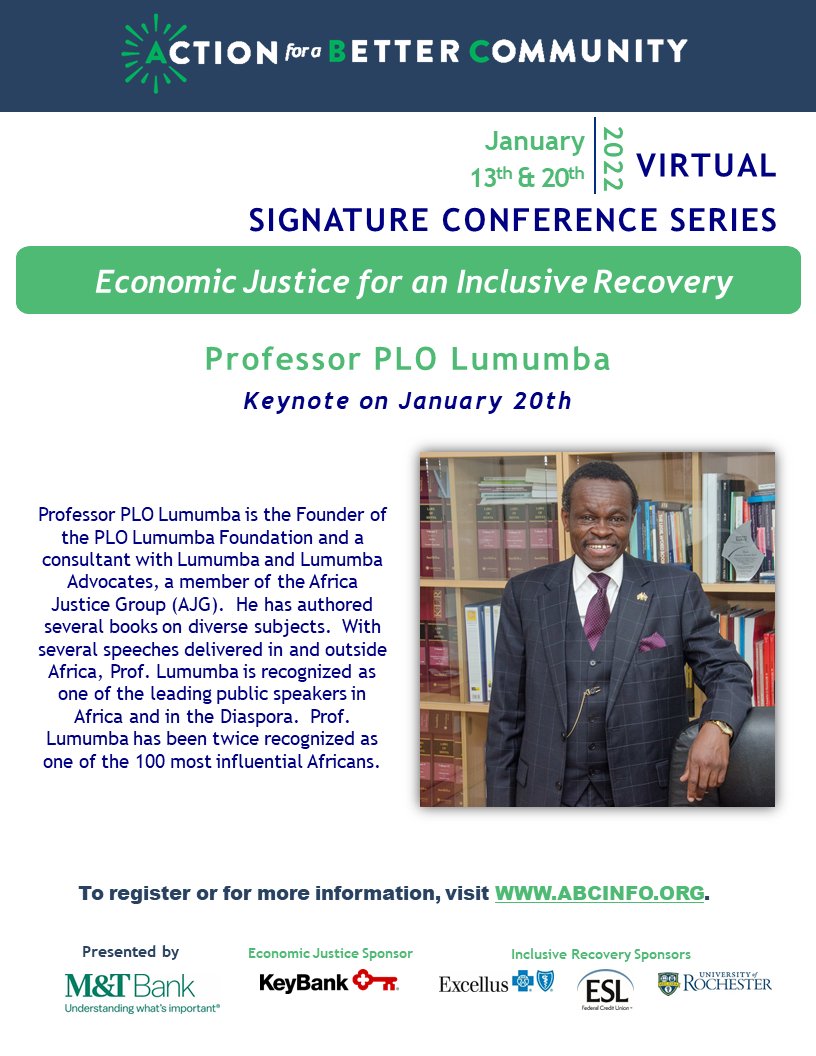 Thursday morning our Keynote joins us from Nairobi Kenya. You won't want to miss Prof. PLO Lumumba on economic justice. There's still time to register at abcinfo.org