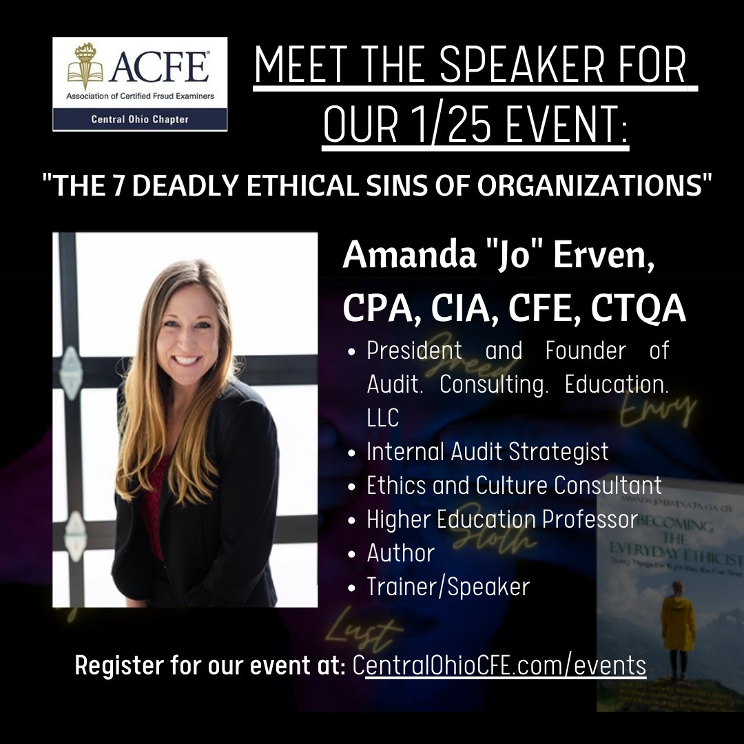 CentralOhioCFE's tweet photo. Looking for your next learning opportunity? Join us and our amazing speaker from 1-3 PM next Tuesday! For additional info and to register, visit https://t.co/Rnu6naxjfA 👈
#coacfe #theacfe #certifiedfraudexaminer #cfe #antifraud #7deadlyethicalsins #fraudandabuse #ethics https://t.co/t7ovP4O74F