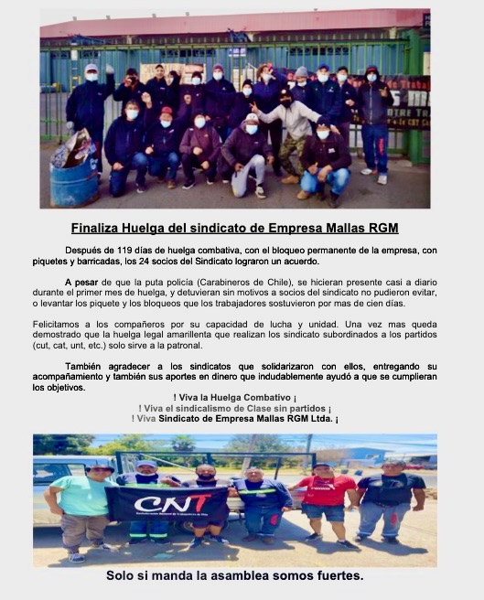 Finaliza Huelga del sindicato de Empresa Mallas RGM

Después de 119 días de huelga combativa, con el bloqueo permanente de la empresa, con piquetes y barricadas, los 24 socios del Sindicato lograron un acuerdo.