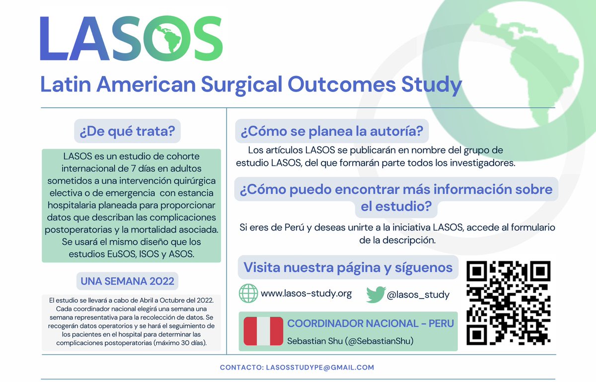 📣INVESTIGACIÓN EN CIRUGÍA: LASOS STUDY

Cirujanos, anestesiólogos, residentes en cirugía o anestesiología, personal médico relacionado a cirugía y estudiantes de medicina son invitados a participar de <a href="/LASOS_STUDY/">LASOS</a>.

Inscripción: forms.gle/hAUdSYgzxKUE46…

#JoinLASOS #LASOS
