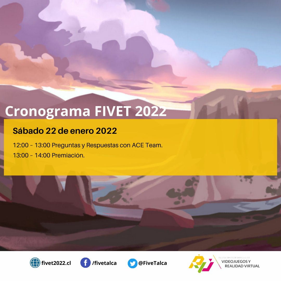 Revisa nuestro cronograma en
fivet2022.cl/cronograma/
Contaremos con la participación de:
#IA con <a href="/nbarriga/">Nicolas A. Barriga</a>
 Q&amp;A con #CangrejoIdeas  
Preguntas a <a href="/NyxTheShield/">NyxTheShield</a> 
<a href="/OctetoStudios/">Octeto Studios</a> <a href="/micropsiagames/">micropsiagames</a> <a href="/AbstractDw/">Abstract Digital</a> 
<a href="/IguanaBee/">🇨🇱 IguanaBee ✨Wishlist Crackpots on Steam✨</a> 
<a href="/theACETeam/">ACE Team</a> 
Y la premiación a los mejores juegos estudiantiles.