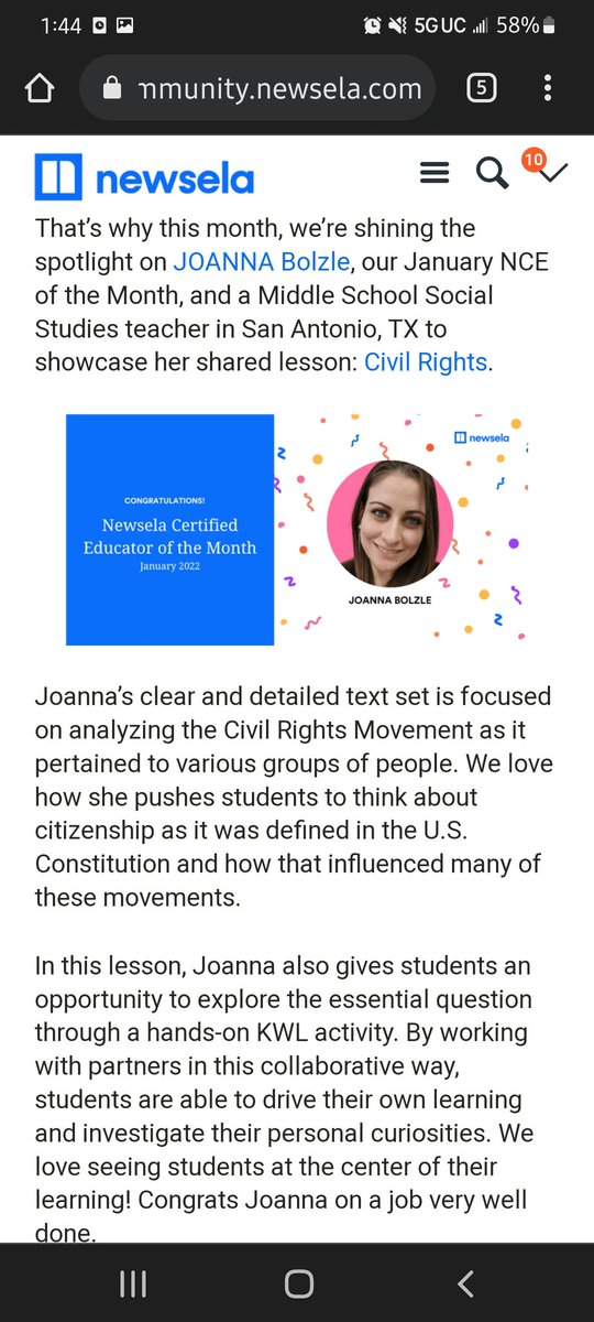 Wow! I am so excited to be recognized by <a href="/Newsela/">Newsela</a> as the CE for the month 😊 it's a really great tool to connect history and present day while giving students choice in their learning as they enhance their reading skills! Happy to represent <a href="/SAISD_EdTech/">Ed Tech, SAISD</a> #edtech #vils <a href="/Harris_MYP/">Harris Middle School - SAISD</a>