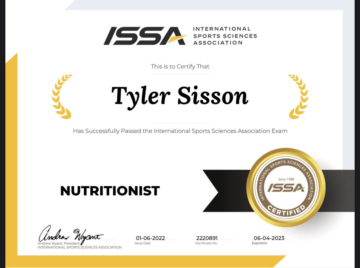 ts_training4's tweet photo. Finally completed the other 2 certification! 

Certified Personal Trainer, Nutritionist and Strength and Conditioning Coach!! 

@ISSAonline https://t.co/NtZ72eXFsx