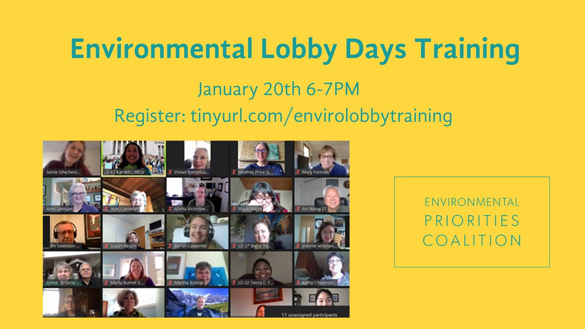 While you're at it, register for our Enviro Lobby Days Training!
-Thursday 1/20 6-7PM. 
-You'll get a refresher on the 'dos and don'ts' of virtual lobbying and receive talking points for this year's #EnvironmentalPriorities. @EPCtweets 

Register➡️ tinyurl.com/envirolobbytra… (2/2)