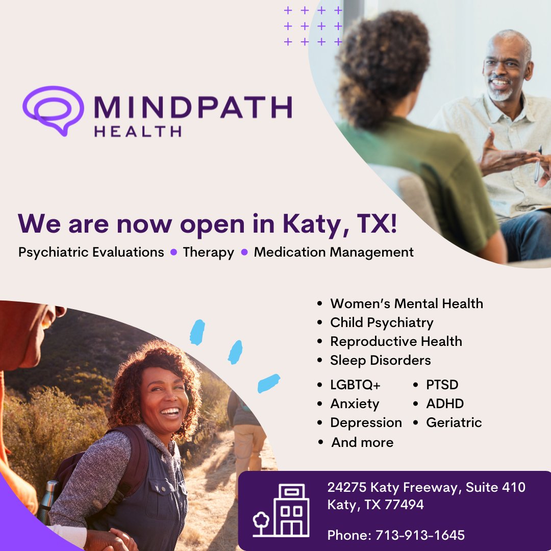 We are so excited to bring our mental health services to Katy, TX!

Questions? Call us at 713-913-1645 to learn more or schedule an appointment.