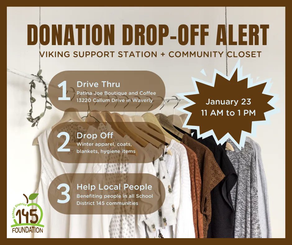 Dist145FFE's tweet photo. Our first donation drive of 2022 will be Sunday, January 23rd from 11 AM to 1 PM. Drop off your donations 👕 and grab a cup of coffee ☕️ to start your Sunday off right! https://t.co/PHLTM83vrN