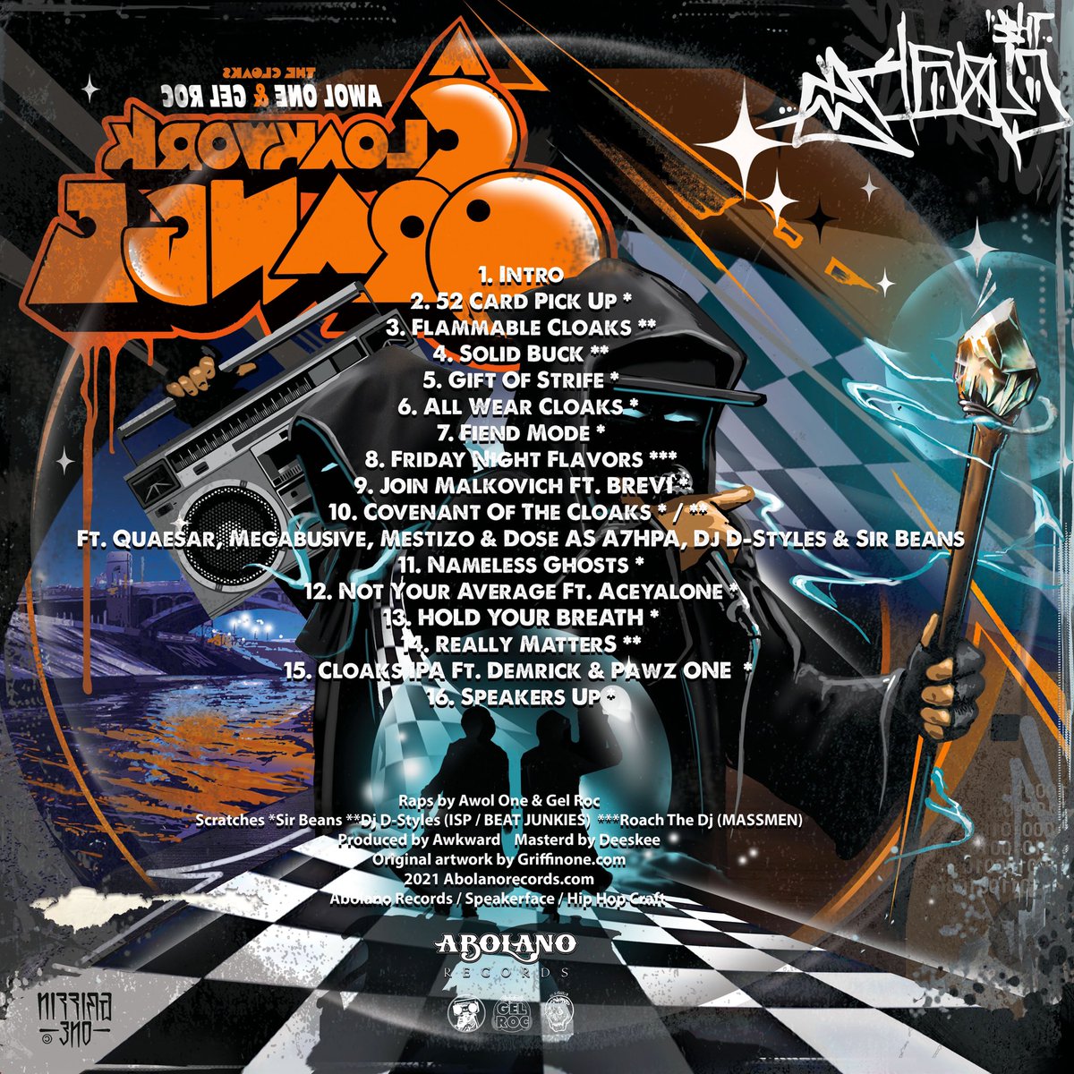 GEL_ROC's tweet photo. The Cloaks new album, “A CLOAK WORK ORANGE” out now… 

Raps @AWOLONE x @GEL_ROC 
Production @AwkwardUK 
Cuts by @djdstyles &amp; Sir Beans @roachthedj 

#OutNow #NowPlaying️ #JoinTheCloaks #ACloakWorkOrange 

New video, merch, and streaming links below 👇🏽 

https://t.co/LXjf4ZIXt4 https://t.co/psSSqhm4Fa