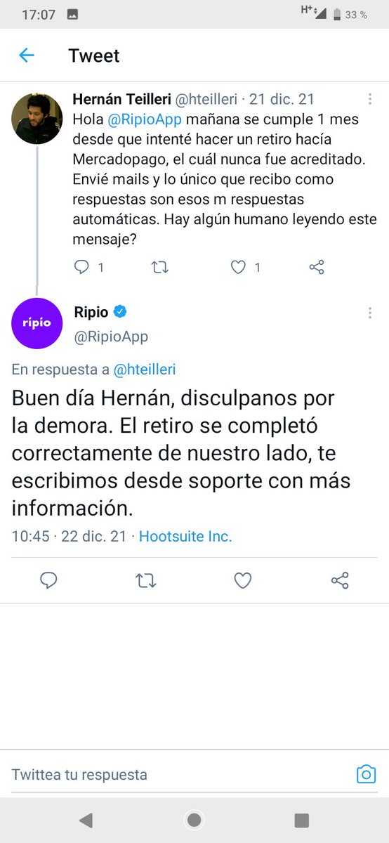 hteilleri's tweet photo. @MP_ayuda Los datos son exactamente esos hora:09.33 te adjunto la respuesta de ripio https://t.co/RtbAIEl0gQ