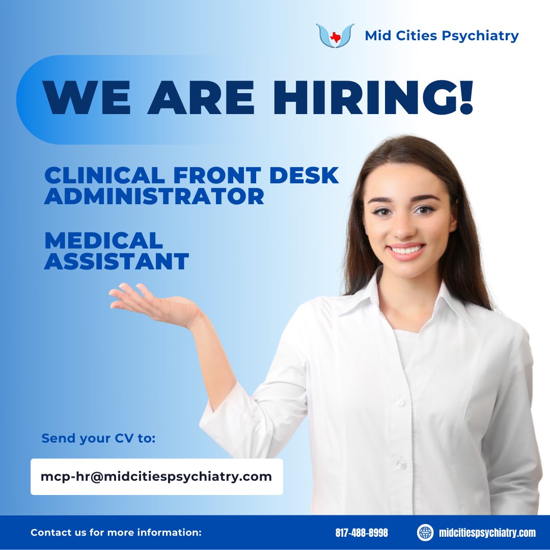 Mid Cities Psychiatry is opening its door for the following positions:
☑ Clinical Front Desk Administrator
☑ Medical Assistant

#healthcare #mentalhealth #jobs #hiring #career #mentalhealthclinic #midcitiespsychiatry #psychiatry #frontdeskadministrator #medicalassistant