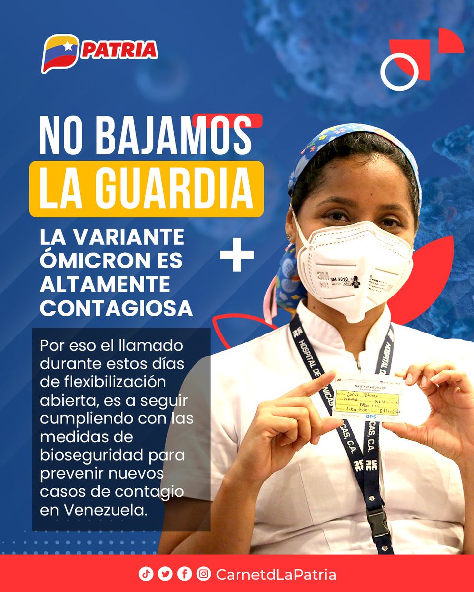 #ATENCIÓN El #SistemaPatria te recuerda que durante los días de flexibilización abierta, debemos evitar contagiarnos de la Covid-19.
Usar el tapabocas, el distanciamiento seguro y las medidas de bioseguridad son necesarias.

¡Cuidémonos!

#SomosConstructoresDePatria #18Ene
