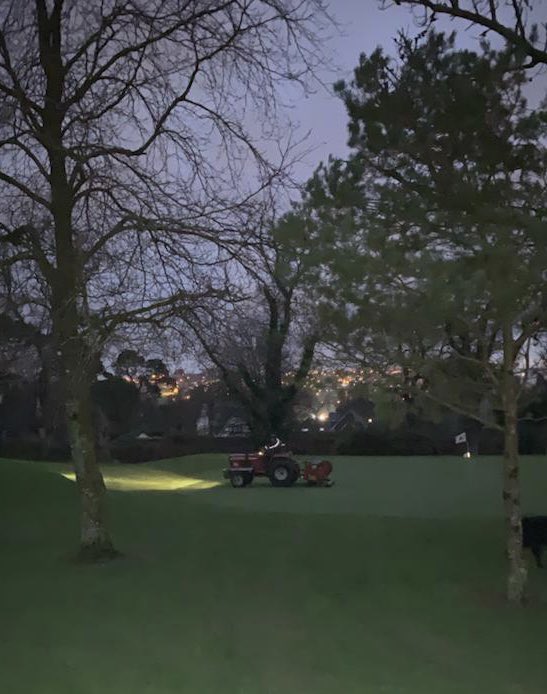 MonkstownGC's tweet photo. The early bird catches the 🐛 🔦🔦   
Martin and his team doing great work aerating the greens , preparing for the Season ahead #2022Goals #alwaysimproving https://t.co/fZeZfLULcG