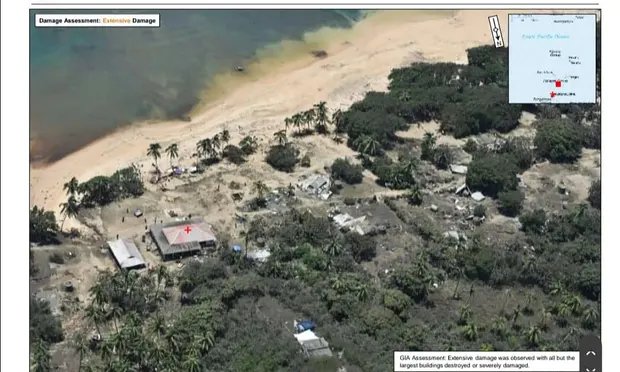 MettaBhavana1's tweet photo. Fonoifua Island. The NZ defence force described the damage there as ‘extensive with all but the largest buildings destroyed or severely damaged’. Photograph: NZ Defence Force. #TongaDisaster https://t.co/bE1WMmMiFW https://t.co/nszVCmSWG6