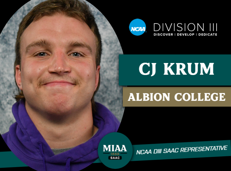 CJ Krum of <a href="/gobrits/">Albion Athletics</a> was selected to represent the #D3MIAA on the NCAA Division III Student-Athlete Advisory Committee (National SAAC).  Krum will begin his role as a National SAAC Representative this January.

READ -- miaa.org/x/tqvgp

<a href="/NCAADIII/">NCAA Division III</a> <a href="/d3saac/">NCAA Division III SAAC</a>