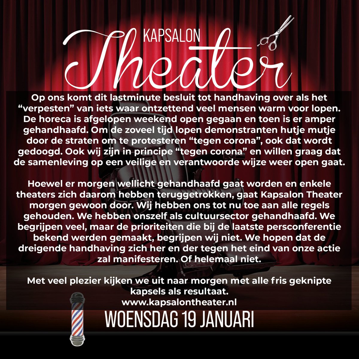 kapsalontheater's tweet photo. STATEMENT @kapsalontheater :

Samen voor #cultuur.

#Kapsalontheater https://t.co/vupflI9X1d