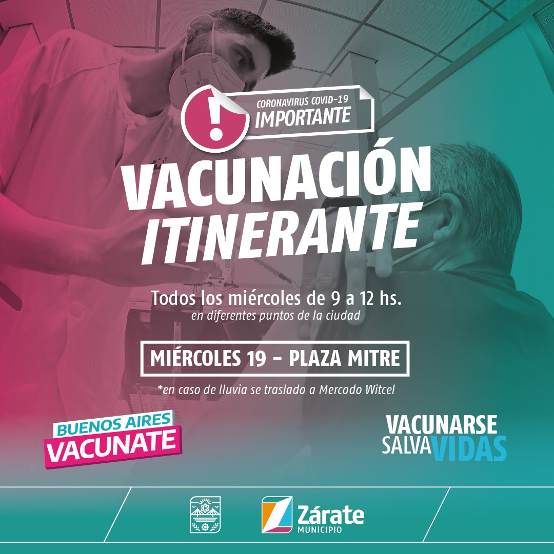 MuniZARATE's tweet photo. #Salud 🩺 | Vacunación itinerante en Plaza Mitre de Zárate 😷

💉 Todos los miércoles de 9 a 12 en diferentes puntos del partido.
📍 Mañana, te esperamos en Plaza Mitre de Zárate (en caso de lluvia se traslada al Mercado Witcel) https://t.co/LwWz9GQfcj