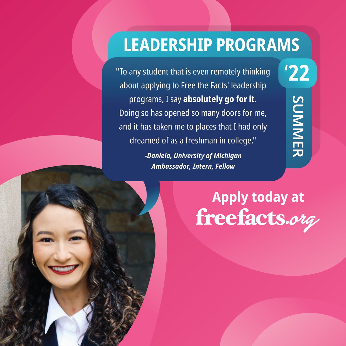 FreeFactsOrg's tweet photo. Our leadership programs provide great opportunities for professional development and #networking. But you don't need to take our word for it—just ask our UMich Ambassador, Daniela! Apply for our Summer #Internship, Scholar, and Fellow Programs today at https://t.co/ahRa9Y70iE 💡 https://t.co/O99PvTsw9A