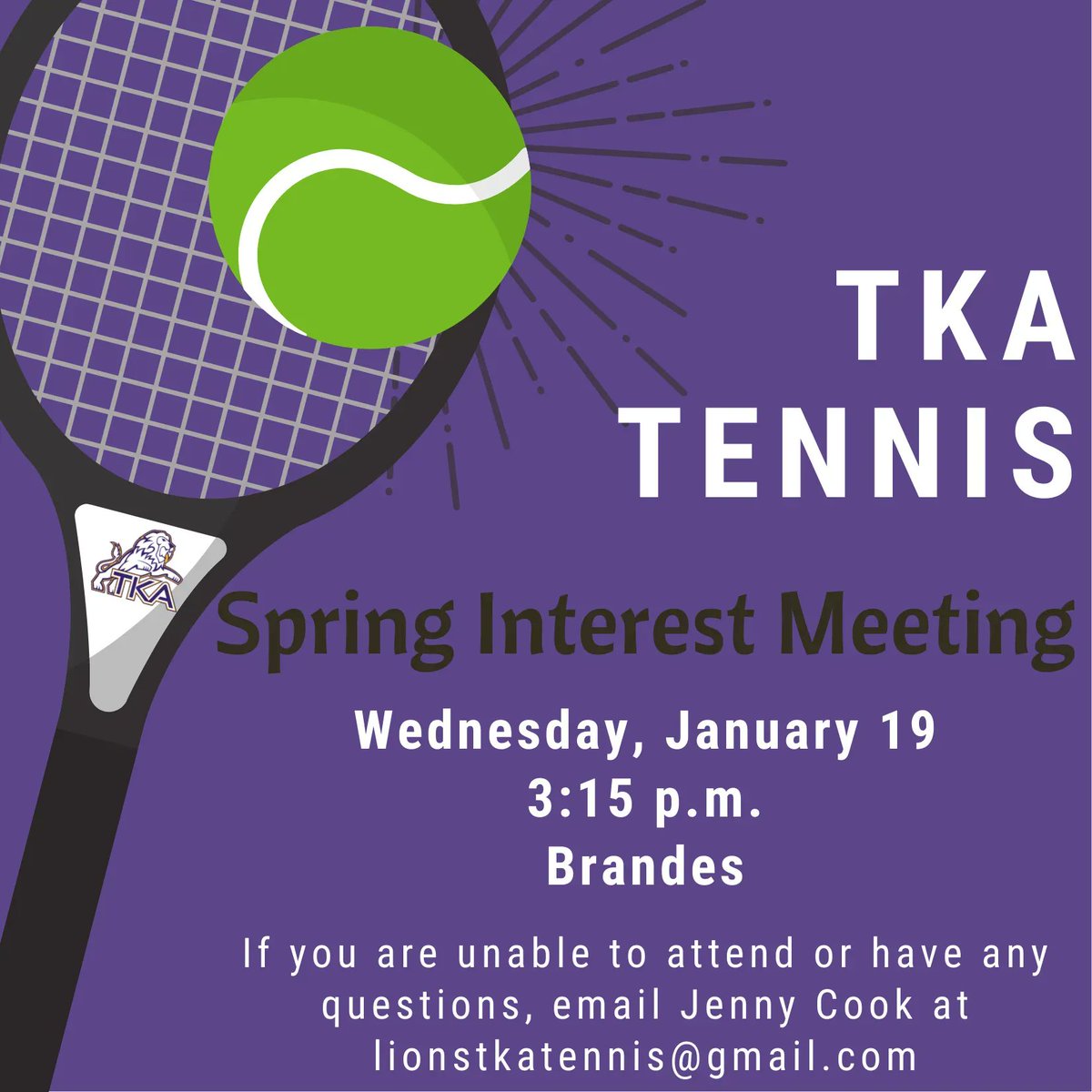 High school students who are interested in playing tennis for the spring semester, there will be a meeting on Wednesday, January 19, at 3:15 p.m. in Brandes. No prior experience is needed!

If you have any questions, email Jenny Cook at lionstkatennis@gmail.com. https://t.co/jFGoY9f1UA