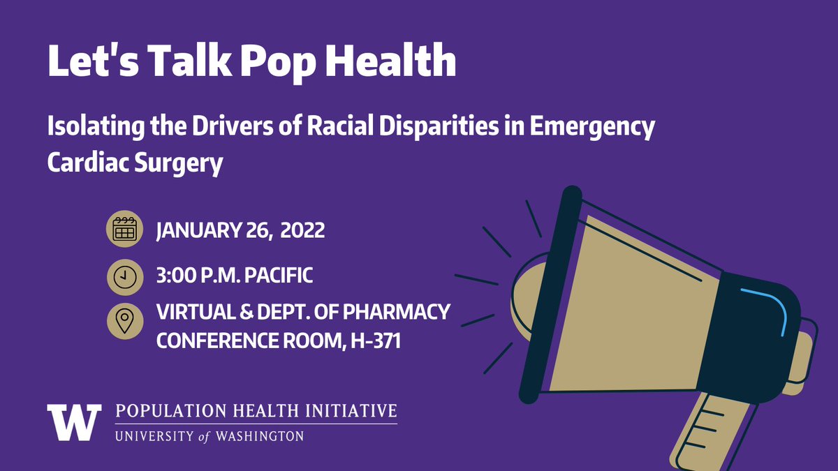 This week's PHEnOM seminar series features Noah Hammarlund discussing racial disparities in emergency cardiac surgery. Join via Zoom: washington.zoom.us/j/91792356209 #PopulationHealth