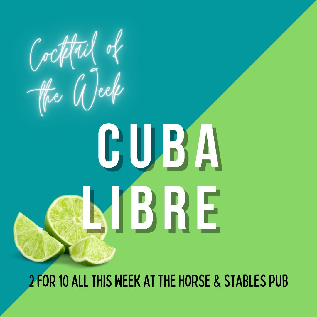 HorseAndStables's tweet photo. What’s this? Cocktail of the Week is back? And better than ever? 

Starting off with a classic- The Cuba Libre
You can’t go wrong with rum, coke, and a little bit of lime. 

Get the party started with 2 4 £10 all this week 🐴 https://t.co/UUAisAIinY