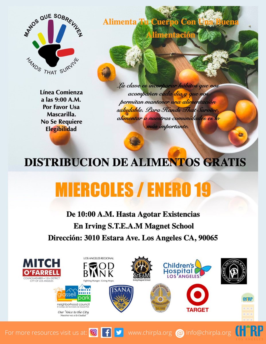 ChirpLosAngeles's tweet photo. Wednesday, January 19, 2022
10am - until supplies run out. 3010 Estara Avenue Los Angeles, CA 90065
Line begings at 9am. Please wear a mask. No eligibility required. #chirpla #manosquessobreviven #freefoodgiveaway #laregionalfoodbank https://t.co/usmq7j1h4q